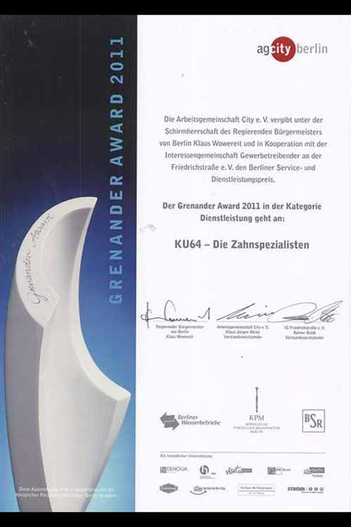 KU64 Zahnspezialisten, Grenander Award 2011