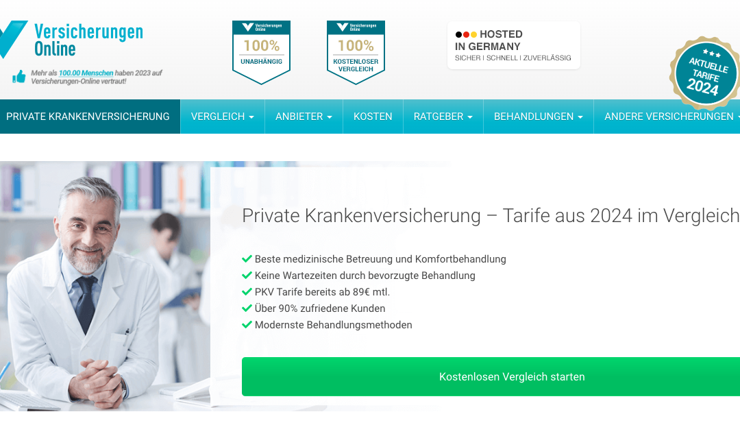 Screenshot von Versicherungen Online. KU64 ist jetzt auch auf versicherungen-online.de