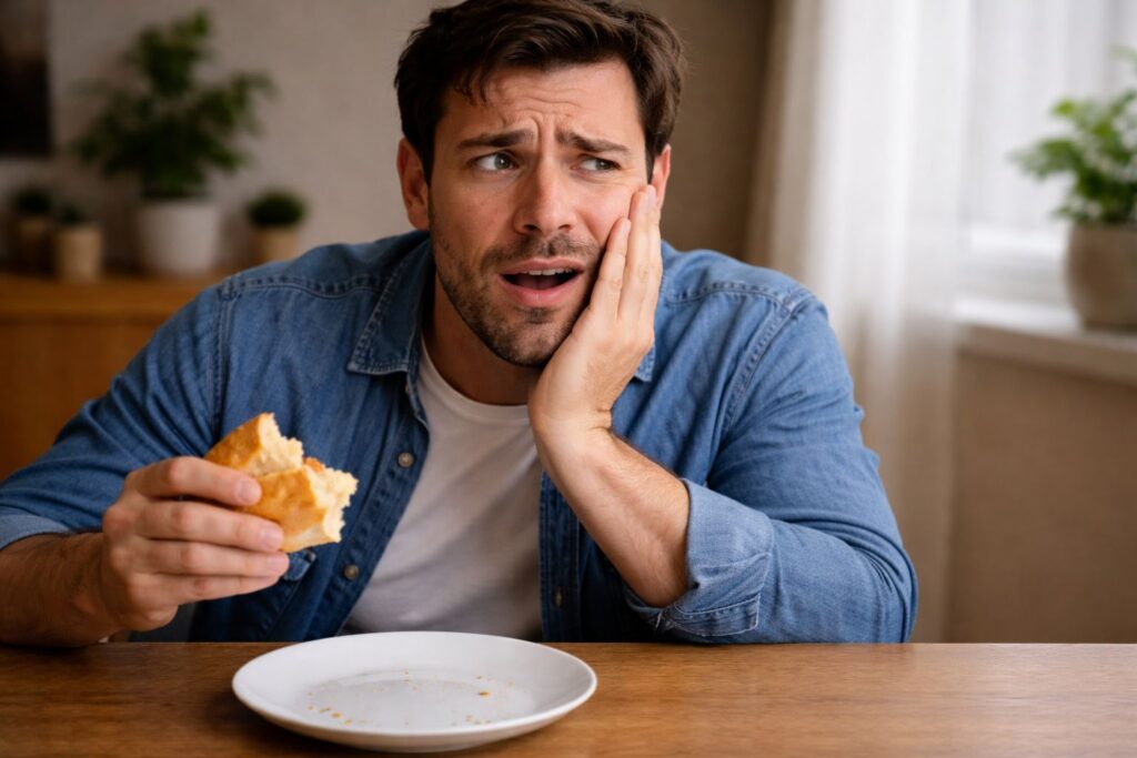 Mann fasst sich beim Essen besorgt an die Wange, nachdem sich eine Zahnfüllung gelöst hat