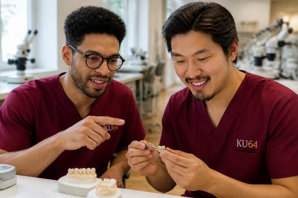 KI in der Zahnmedizin: Oralchirurg Dr. Surian Herrmann und Zahnästhetikspezialist Tsong-Ung An im Austausch über Zahnersatz aus dem hauseigenen Dentallabor. © KU64